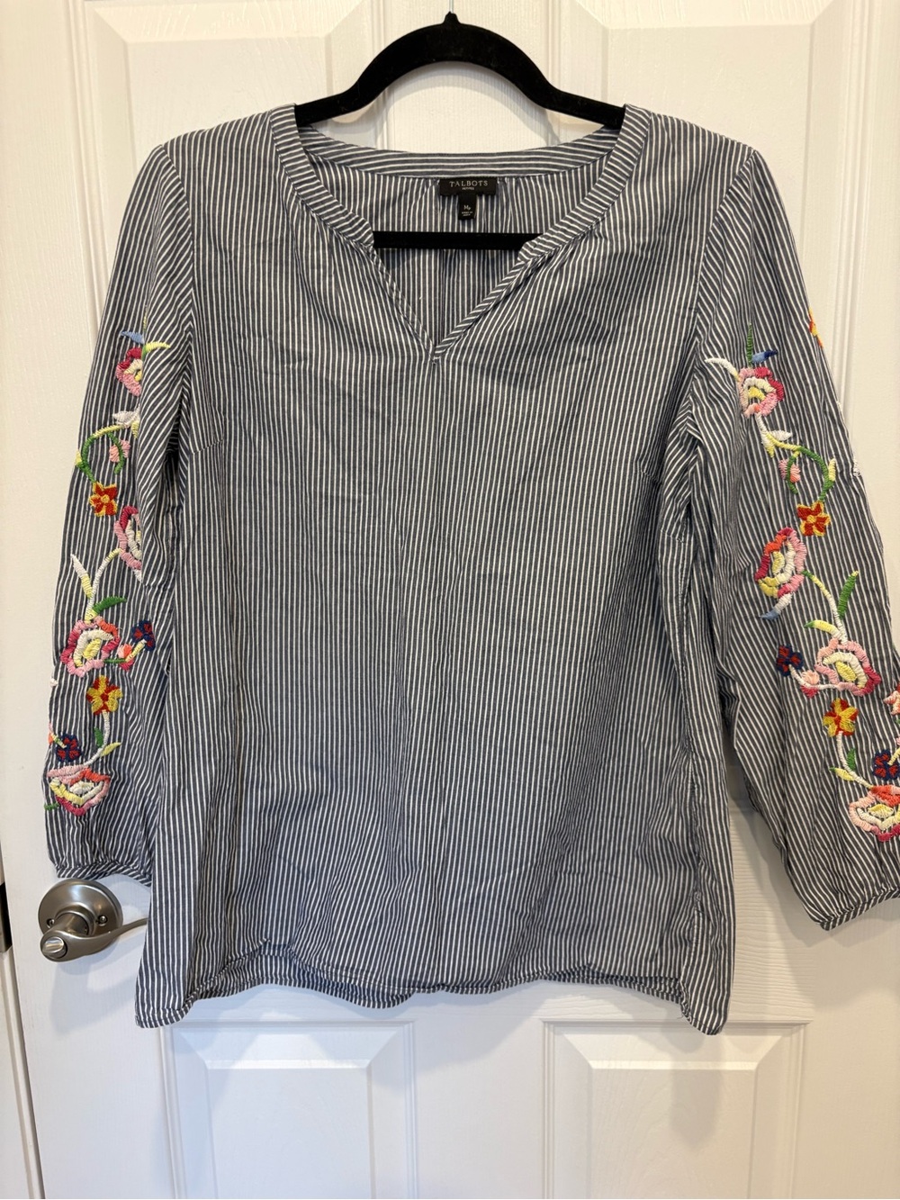 Talbots Navy Pinstripe V-Neck Tunic with Floral Sleeve Embroidery. #1007